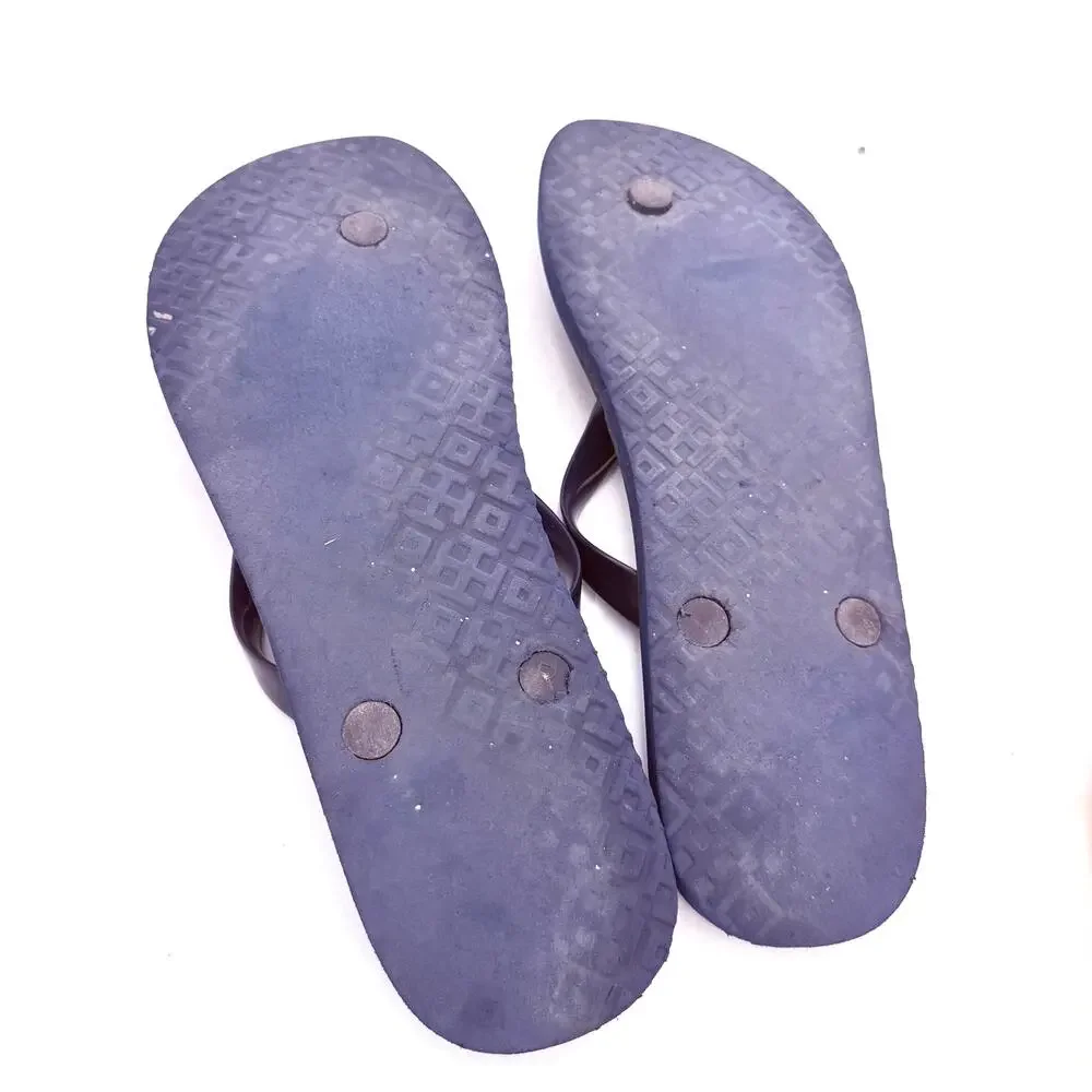 Tory Burch Navy Blue & Gold New Traveler Emblem Thong Flip Flops Sandals Size 9